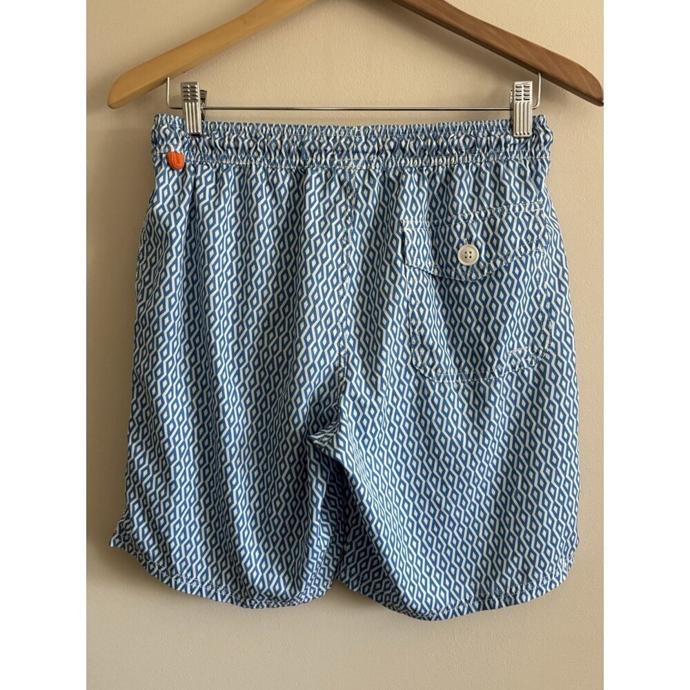 J. Crew 7" Swim Trunks Suit Diamond Print Blue White Mens Small Beach - Picture 5 of 9